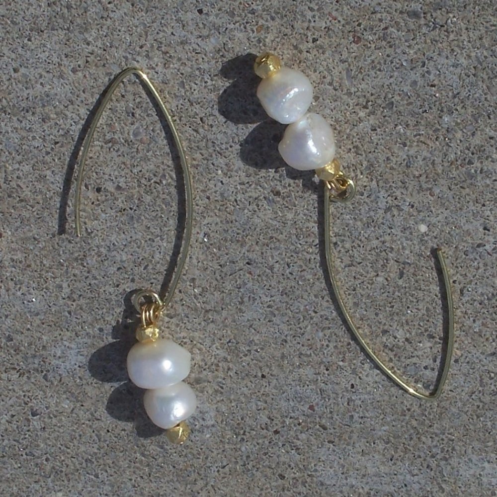 Handmade Baroque Pearl Earrings On Gold Tone Brass Boomerang Hooks 2.5 IN Beaded